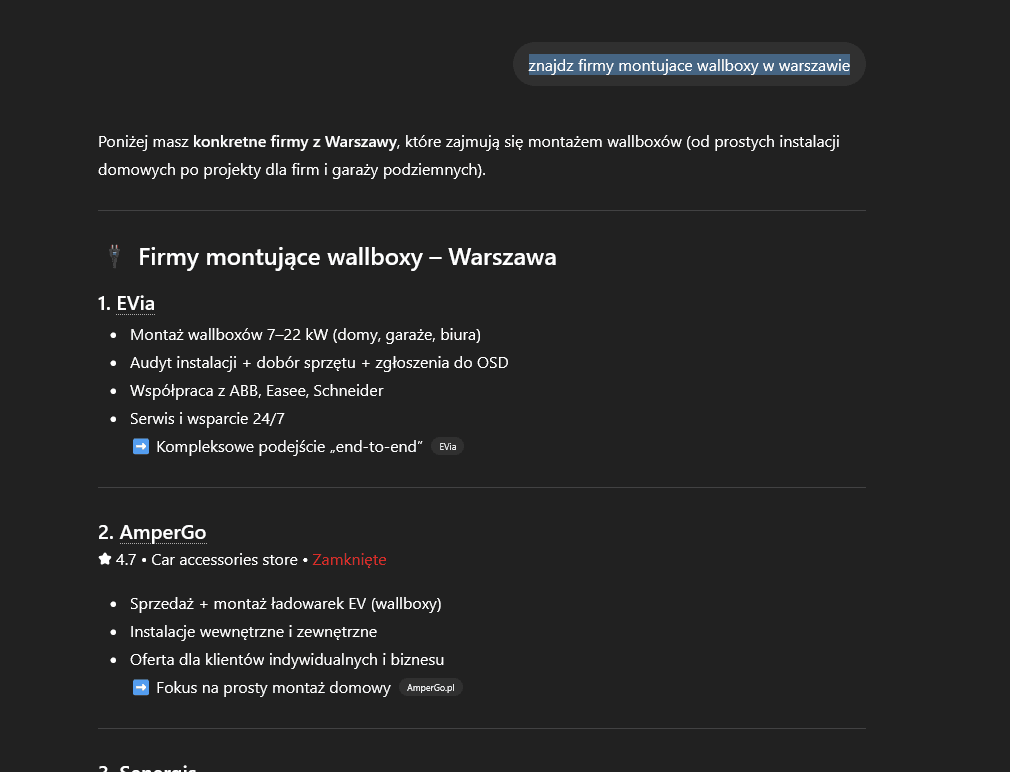 ChatGPT result for 'znajdź firmy montujące wallboxy w Warszawie' — eviacharge.pl ranked #1