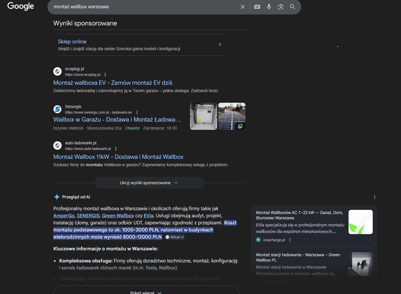 Google AI Overview for 'montaż wallbox Warszawa' — eviacharge.pl in Top 5